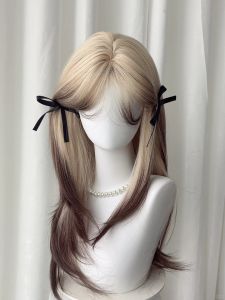 Siamese Cat Gradient Hair Wig Womens Full Head Fake Hair Long Straight Simulation Halfway Parting Bangs Facial Feature Enhancing