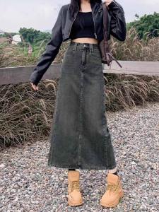 กระโปรงยีนส์ทรงเอเอวสูงสไตล์ย้อนยุคสำหรับผู้หญิง ฤดูใบไม้ผลิและฤดูใบไม้ร่วง กระโปรงทรงเอยาวคลุมสะโพกสำหรับผู้หญิง กระโปรงทรงเอเอวสูง