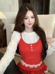 GUZILIAN | เสื้อครอปแขนยาวสีพื้นสไตล์เกาหลี ชุดสองชิ้น ทรงเข้ารูป เสื้อกั๊กสีพื้น เสื้อผ้าทำงานฤดูใบไม้ผลิสำหรับผู้หญิงวัย 18-24 ปี