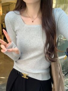 เสื้อสเวตเตอร์ถักคอเหลี่ยมแขนยาวผู้หญิง ทรงสลิมฟิต ดีไซน์เก๋ไก๋ แฟชั่นฤดูใบไม้ผลิและฤดูใบไม้ร่วง เสื้อชั้นใน