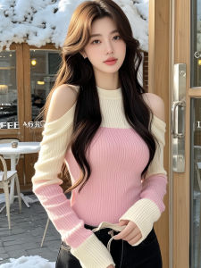 Unique Knitted Base Shirt Womens Spring New Style Beautiful Show Shoulder Sweater High-End Feel Good Looking Polyester Fiber