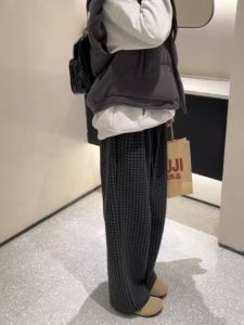 High Waist Thickened Fleece Lined Plaid Wide Leg Pants Womens Spring Autumn Style Loose Fit Casual Trousers Vintage Commute