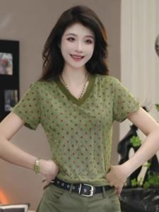 Color Block V-Neck Printed Short Sleeve T-Shirt Womens Fashion Slimming High-End Feeling Summer 2025 New Style Korean Loose Fit