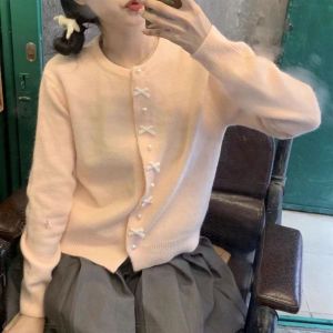 Sweet First Date ~ Autumn Korean Style Young Adult Candy Color Bows Pearl Buckle Knitting Cardigan Sweater Outwear Spring and Autumn