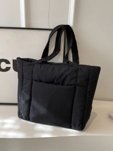Large Capacity Cotton down Jacket Tote Bag Pure Color Artistic Casual Versatile Single Shoulder Commuter Bag Nylon Material Zipper Closure