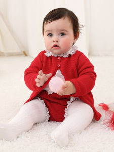 ชุดเด็ก Granlei 3 ชิ้น ผ้าถักสีแดง สไตล์คลาสสิก เสื้อคาร์ดิแกนแขนยาว กางเกงขายาว ชุดรับแขกสำหรับวันเกิดครบรอบ 100 วัน