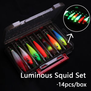 14 pcs luminous horizontal wooden shrimps squid jig false bait absorb light and emit light sea fishing lure sharp squid hook