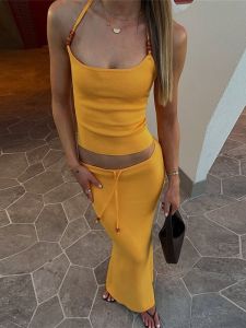 Bộ Áo Vest Ngắn Cổ Treo Ôm Vừa Vặn Váy Nửa Thân Mùa Thu Thường Ngày Bằng PU Không Thương Hiệu Thời Trang Nữ