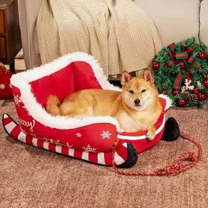 Christmas Sleigh Bed Removable Washable Plush Pet Warm Sofa with Non-Slip Base Christmas Cat Dog Nest for Winter Indoor Outdoor
