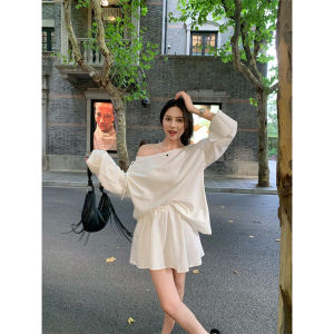 BaiYaShan Chinese Style Shoulder Bared Long Sleeve Womens Top And Short Skirt Set Summer Autumn Pure Color Versatile Outfit