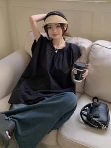 French Style Temperament Mid Length Long Length Slit Black Flying Sleeve Linen Shirt Womens Summer Idle Style Cool Sleeveless Tops
