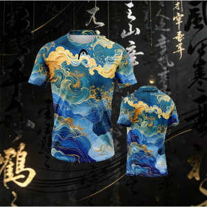 HEAD | HEAD Mens Tennis T-Shirt Blue Gold Ocean Wave Print Short Sleeve Sports Tee Athletic Training Top Casual Gym Wear