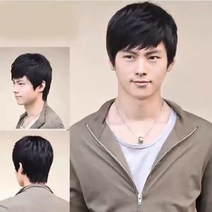 Pria Rambut Asli Wig Rambut Pendek Tampan Setengah Baya Miring Poni Realistis Berbulu Alami Ayah Rambut Pendek Lurus Tutup Kepala