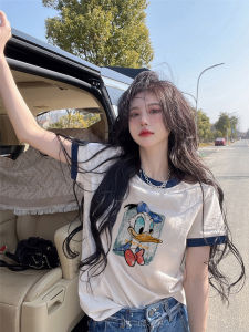 Summer Cartoon Pattern Cotton Short Sleeve Womens T-shirt Loose Fit Splice Sleeve Color Block Casual round Neck Top