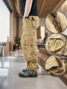 Mens Tactical Work Pants Spring Autumn Winter Outdoor Wear Resistant Pure Cotton Multi Pocket Loose Fit Casual Straight Leg Long Trousers