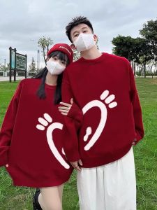 Couples Sweater Snake Year Red Wine Color Fashionable Autumn Winter Outerwear Womens Heart Print Loose Knitted Long Sleeve