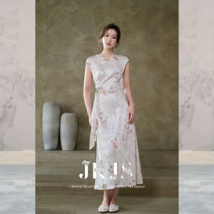 JK&JS | Chinese Style Embossed Floral Print Waist-Tying Dress