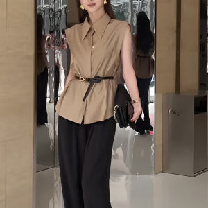 Khaki Commuters All-Matching Fancy Sleeveless Shirt Womens Summer New Arrival French Lightly Mature Elegant Slim Looking Shirt