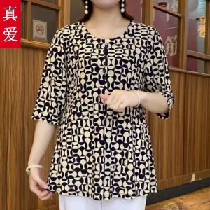 Plus Size Floral Short Sleeved Blouses for Women Summer New Fashion Grandmothers Loose Covered Belly Bottom Top