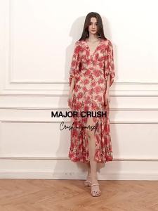 French Style Pink Rose Floral V-Neck Waist Cinched Long Dress