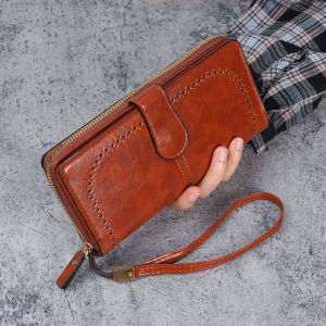 Large Capacity Womens Wallet Fashionable Oil Wax Leather Long Style with Label Slot for Big Notes Hollow out Multi-layer