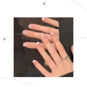 【French Crystal Cat Eye】Handmade Press-On Nails | 3D Hand-Painted Butterfly + Silver Chain | Luxurious Style | Short Coffin Shape | Size S Only