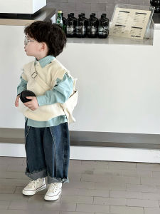 Spring Autumn Childrens Outfit Blue Shirt Ripped Sweater Denim Jeans Three Piece Set Baby Boy Birthday Dress Korean Style