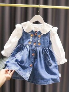 Girls Embroidered Denim Vest Skirt Set Korean Style Cotton Long Sleeve Shirt round Neck Basic Packaging Spring Autumn Wear
