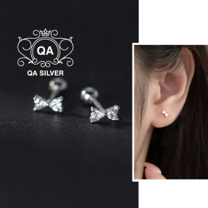 Khuyên tai bạc 925 nơ đá chốt bi vặn bông nam nữ tối giản S925 BOW QA SILVER Earrings EA230801