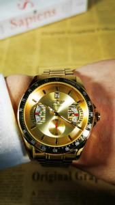 T-WINNER | WINNER Luxury Skeleton Mechanical Watches Multifunction Date Display Stainless Steel Strap Fashion Gold Automatic Mens Watch