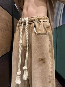 American High Street Vibe Mens Jeans Elastic Waist with Big Drawstring Loose Straight Leg Long Pants Casual Straight Jeans