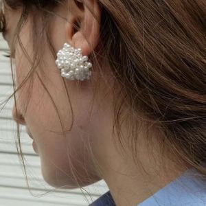 Versatile Korean Style Pearl Beaded Earrings Elegant Retro Fashion Jewelry Matching Any Outfit Floral Cluster Design
