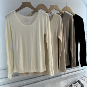 Áo Len Dệt Kim Cổ Tròn Tay Dài Màu Trơn Ôm Vừa Vặn Mùa Thu Đông Modal Áo Lót Nữ Không Tay Liền Mạch Viền Ren Đơn Giản