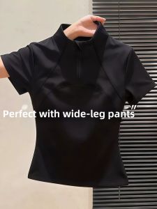 V.C.I | Black Stand Collar Short Sleeve T-shirt Womens Slim Fitting
