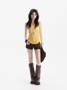 Design Sparkly Kitty Print Halter Sleeveless Crop Top