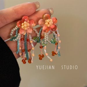 Nine Pick Wine ~ Chinese Ancient Style Flower Tassel Mosquito Coil Ear Clip Female Tea Earrings Fairy Han Chinese Clothing Accessories Chinese Fad Earrings