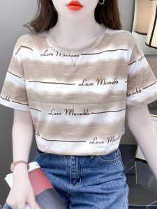 Korean Style Loose Color Block Letter Print Short Sleeve Womens T-Shirt Cotton Blend Summer Versatile round Neck Top