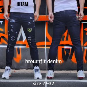 Celana Jeans Sobek Pria Panjang Emblem Stretch Melar Denim Tebal Slimfit Skinny Size 28-33