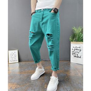 Mens Slim Fit Harlan Jeans Fashionable Korean Style Small Hole Casual Trousers mid Waist Drawstring Summer Jeans