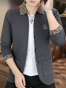 HENGYUANXIANG | Stylish Mens Open Cardigan Sweater Grey Floral Knit High Collar Trendy Spring Autumn Outerwear Comfortable Loose Fit Casual