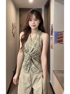 YUEZHONGWEI | French Style Asymmetric V-Neck Knot Plaid Halter Top Women Summer Outdoor Wear Slim Fit Short Sleeveless Shirt Neckline