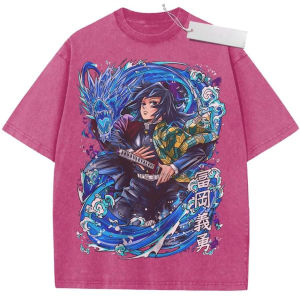 Bandai | Vintage Washed T-Shirt Demon Slayer Anime Tomioka Giyuu Print Oversized Streetwear Top Casual Daily Wear for Men Women