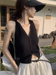 Black V-Neck Knitted Crop Top Womens Summer Sleeveless Vest Short Style Pure Desire Fashion Outerwear Cardigan