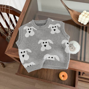 เสื้อกั๊กถักลายสัตว์สไตล์เกาหลีสำหรับเด็กชายและเด็กหญิง ฤดูใบไม้ผลิและฤดูใบไม้ร่วง เสื้อผ้าเด็กผ้าฝ้ายเนื้อนุ่มสบาย