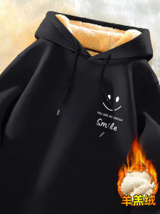 Lamb Fleece Hoodie Sweatshirt Mens Autumn Winter Thickened Hooded Fleece-Lined Print Casual Long Sleeve Top for Teens