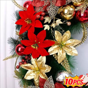 YESPERY ดอกไม้เซ็ทเซ็ทเซ็ทสีแดงผ้าไหมขนาดใหญ่ดอกไม้คริสต์มาสเทียม10ชิ้นสำหรับตกแต่งต้นคริสต์มาสบ้านงานเลี้ยงตกแต่งคริสต์มาส