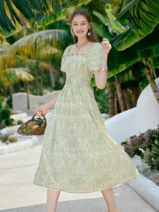 XIANGYING | Floral Stand-up Collar Puff Sleeve Fitted Vacation Dress