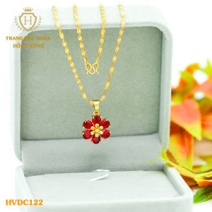 Vòng Cổ Nữ Dây Chuyền Nữ Mặt 6 Cánh Lá Đính Đá (Màu Đỏ) Titan Xi Mạ Vàng Thật 10k 18k 24k Cao Cấp (Không Bị Đen) - Trang Sức Hava Hong Kong Phong Cách Thời Trang