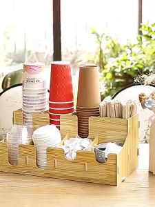 Sean DIY 4/8/9 Grid Wooden Disposable Cup Straw Tissue Lid Holder Coffee Milk Tea Cup Storage Organizer