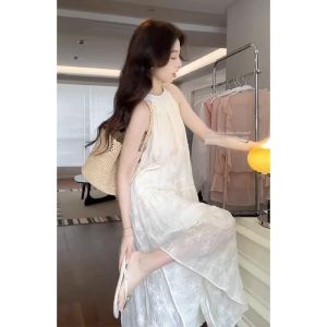 Spring Fashion Vacation Style White Sleeveless Halter Dress